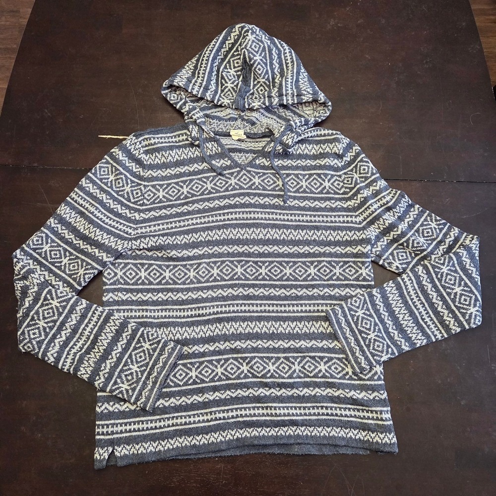Hollister Mens Large Blue White Fair Isle Knit Hoodie Sweater V-Neck Pullover